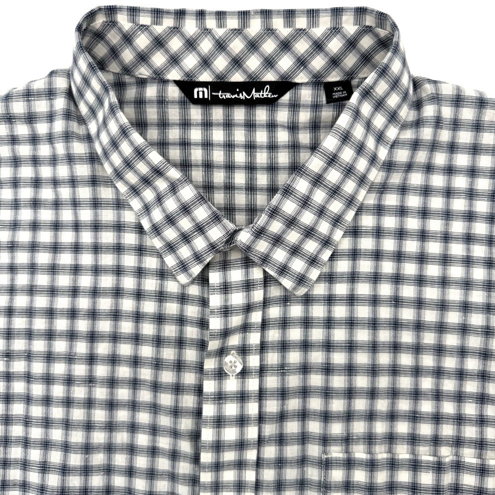 TravisMathew Button Up Men XXL Navy Plaid Short Sleeve Golf Casual Shirt